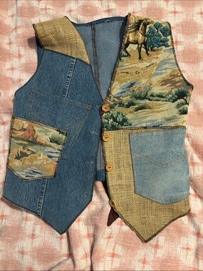 Upcycled Patchwork Denim & HorseTapestry Vest in Blue and Tan